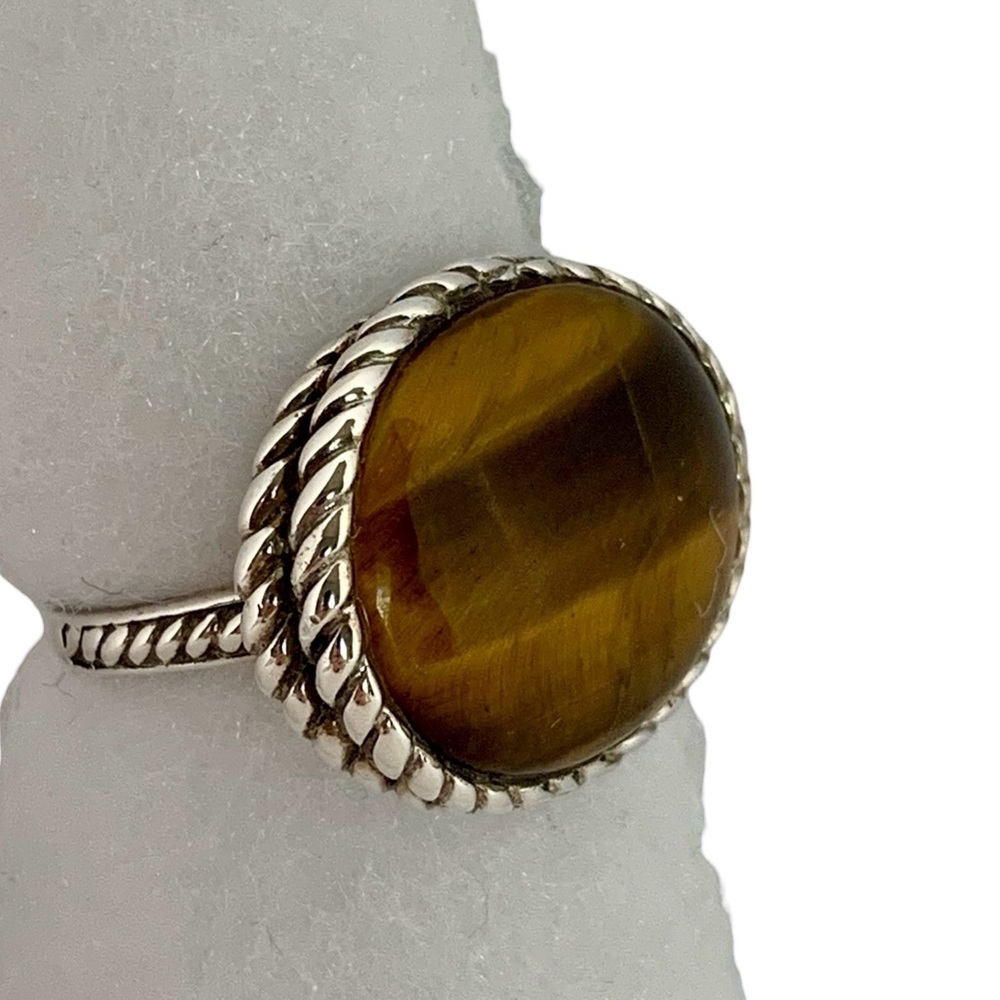 Vintage 925 Tiger Eye Cabochon Rope Design Ring Sz 9